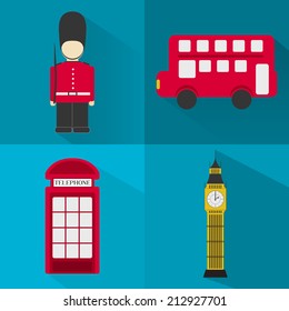 Four symbols of LondonÃ?Â´s city - london soldier, bus, big ben, phone booth. Flat design. Long shadow. Icons london