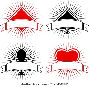 Four symbols of playing cards with rays and a banner: spades, clubs, diamonds and hearts