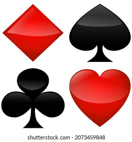Four symbols of playing cards with reflections: spades, clubs, diamonds and hearts