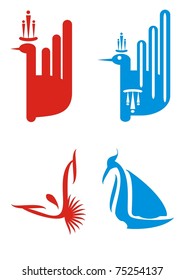 Four symbols of the stylized birds. Red and blue