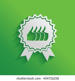 Four symbols Thumb Up Gesture - label with ribbons. Thumb up icon - the highest score, the best choice, the highest rating.