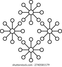 Four symmetrical snowflake patterns with intricate geometric branching structures .Vector illustration