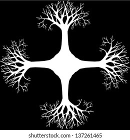Four symmetrical white trees around the earth on black background
