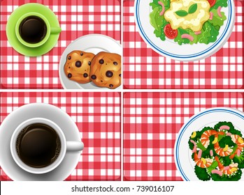 Cuatro vistas de mesa con comida y bebida