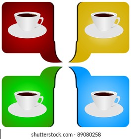 Four tablets with cups of coffee on white background