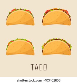 Four Tacos with Different Filling. Isolated Mexican Food