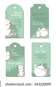 Four tags with cups  and teapots, vector illustration