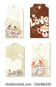 Four tags with heart and cups fall in love, vector illustration