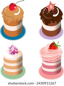 four tall small cakes different colors