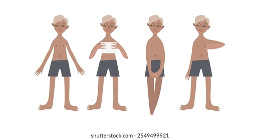 Four tanned European boys in swimsuits. Calm standing poses: thumbs up, piece of paper in hands. Tanned skin and blond hair. Vector illustration in flat style