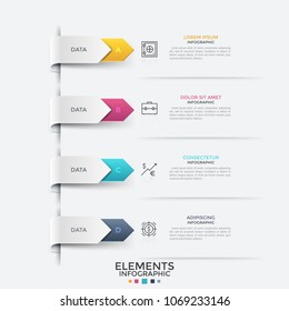 Four tape-like arrows or poiners, linear icons and text boxes placed. Concept of business process with 4 steps. Colorful infographic design template. Vector illustration for brochure, presentation.