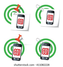 Four targets and thumbtack and smart phone