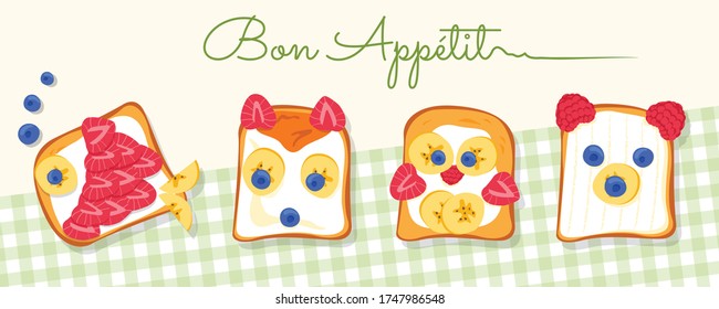 Four tasty fish, fox, chicken, bear shaped toasts, made by loving and creative parents for their children or loved ones.
