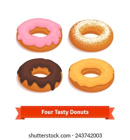 Four tasty flavored donuts with glazing. Flat style illustration. 