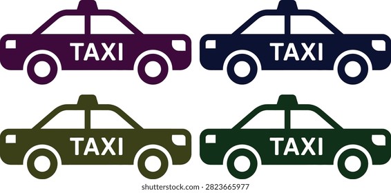 Four taxi cabs in different colors parked side by side