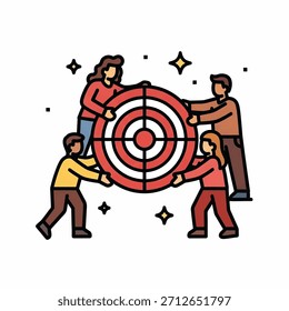 Quatro membros da equipe seguram um grande alvo vermelho, simbolizando metas compartilhadas e equipe de foco