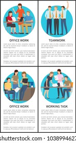 Four teamwork and office work colorful posters, vector illustration with employees isolated on blue circles, black text sample, busy business people