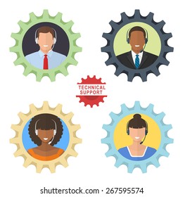 Four technical support flat illustrations. Colored tech support managers are always ready to help.