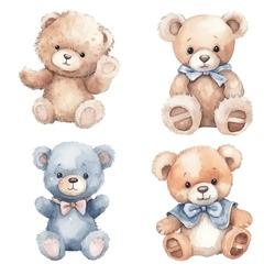 Four Teddy Bears And Blue Ribbon, Cute Teddy