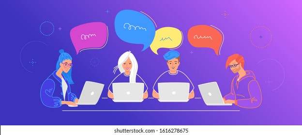 Four teenagers chatting together in social media using laptop at work desk. Flat line vector illustration of online chat, communication and online conversation. People with speech bubbles on blue