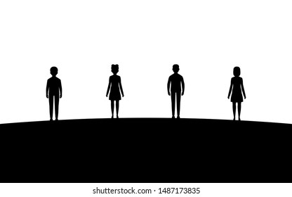 Four teenagers stand on a hill, silhouette art image, vector illustration isolated on white background