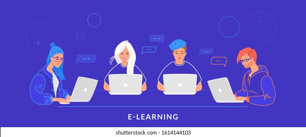 Four teenagers working with laptop at work desk typing on keyboard. Flat line vector illustration of e-learning, students studying and online chatting. Group of people using laptop on blue background