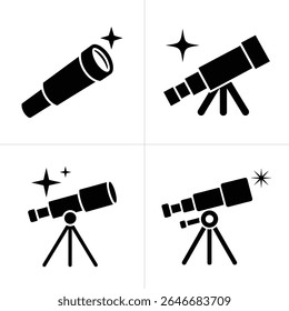 Quatro ilustrações do telescópio sobre um fundo branco. Ícones pretos mostram variações com e sem tripés, acompanhados por efeitos estelares simples que significam observação.