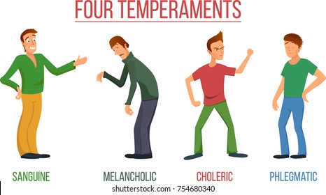 The four temperaments characters sanguine, choleric, melancholic, phlegmatic 