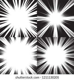Four templates for comic backgrounds. Radial speed lines. Black and white vector illustration