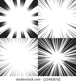 Four templates for comic backgrounds. Radial speed lines. Black and white vector illustration