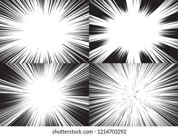 Four templates for comic backgrounds. Radial speed lines. Black and white vector illustration