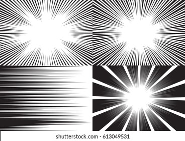 Four templates for comic backgrounds. Radial and horizontal speed lines. Black and white vector illustration