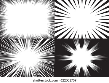 Four templates for comic backgrounds. Radial and horizontal speed lines. Black and white vector illustration