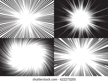 Four templates for comic backgrounds. Radial and horizontal speed lines. Black and white vector illustration