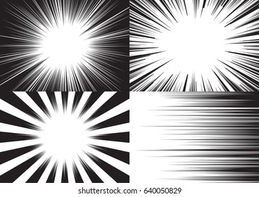 Four templates for comic backgrounds. Radial and horizontal speed lines. Black and white vector illustration