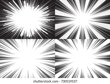 Four templates for comic backgrounds. Radial speed lines. Black and white vector illustration
