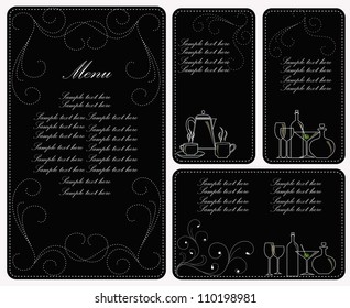 Four templates for the menu. A white outline of ware on a black background with curls