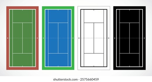 Four tennis court designs: green and red, blue and green, white outline, and black schematic for strategy, design, or education.
