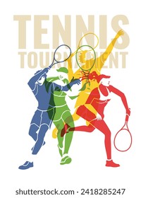 Cuatro jugadores de tenis en movimiento. Siluetas de colores. Diseño profesional de carteles de fósforo. ilustración plana vectorial