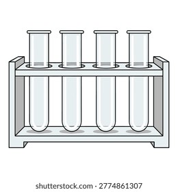 Four test tubes in a laboratory rack with two sizes of containers
