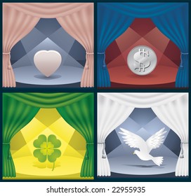 Four theater scene with a veil and articles; Objects symbolize love, money, happiness and freedom; vector illustration