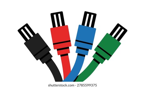 Four thick network cables featuring colored plastic connectors with metal pin contacts are positioned against a plain white background in a clean studio lighting setup.