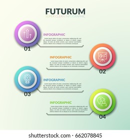 Four thin line symbols inside colorful round elements placed one above other and connected with text boxes. Levels of business development concept. Infographic design layout. Vector illustration.