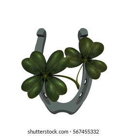 Four and three leaf clover. Iron horseshoe.  St. Patrick`s Day. Isolated on white background. Vector illustration