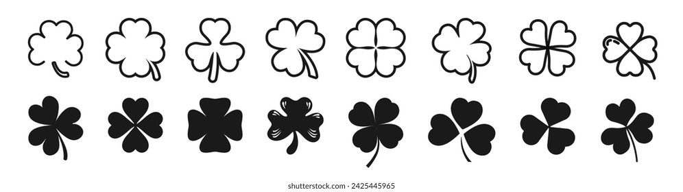 Four and Three Leaf Clovers. Clover silhouette set.  Web site page and mobile app design vector element