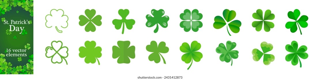 Four and Three Leaf Clovers. Clover silhouette set.  Web site page and mobile app design vector element