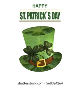 Four and three leaf clovers, green hat. Greeting inscription St. Patrick's Day. Isolated on white background. Vector illustration