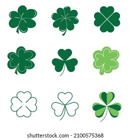 Four and three leave clover green vector For decoration in st.patrick's day. Stickers, emblems for st patrick's day. Vector set of shamrocks. Hand draw and cartoon style. Idea for print on card