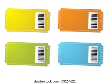 Four ticket stubs with color variation and bar code