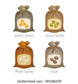 Four tied sacks with beans and peas labels on them
